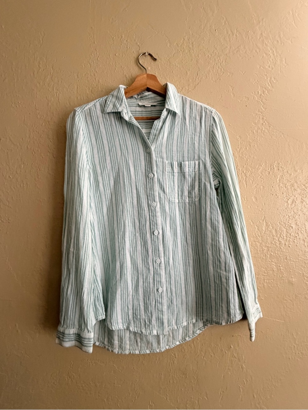 beachlunchlounge Light Green and White Striped Button-Down Shirt